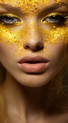 Close up Woman with glitter glitzy face holiday makeup. Girl with perfect skin and yellow smoky eyes eye shadows. Beautyful girl with yellow and gold glitter on her face and body. False Lashes. 