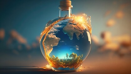 Green energy world and blue sky in bottle. - obrazy, fototapety, plakaty