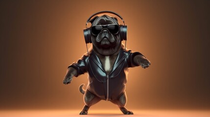 Obraz na płótnie Canvas a pug wearing a black sports coat with black sunglass.Generative AI