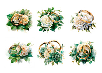 Watercolor illustration wedding rings with flowers emerald green