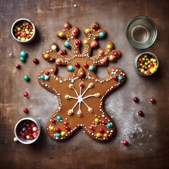 Reindeer-shaped gingerbread decorated with jelly beans