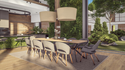 3d rendering of expensive cozy interior with green walls with living dining zone stair and kitchen for sale or rent. Spacious apartments with expensive furniture, equipment and flowers