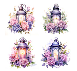 Watercolor illustration wedding lantern with flowers lavander