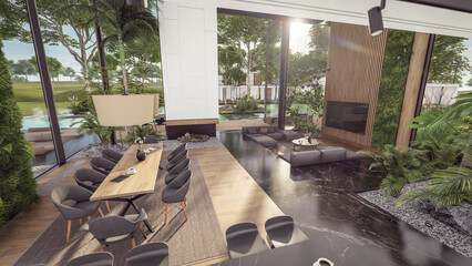 Fototapeta premium 3d rendering of expensive cozy interior with green walls with living dining zone stair and kitchen for sale or rent. Spacious apartments with expensive furniture, equipment and flowers