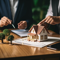 Real estate broker agent presenting and consult to customer to decision making sign insurance form agreement, home model, concerning mortgage loan offer in office 