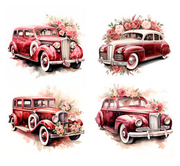 Watercolor illustration wedding car with flowers red marsala - obrazy, fototapety, plakaty