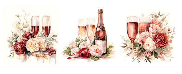 Watercolor illustration wedding champagne with flowers red marsala - obrazy, fototapety, plakaty