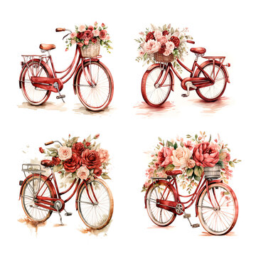 Watercolor illustration wedding floral bicycle red marsala
