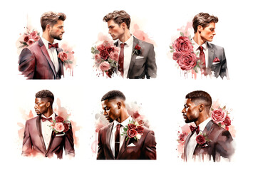 Watercolor illustration wedding groom portrait red marsala - obrazy, fototapety, plakaty