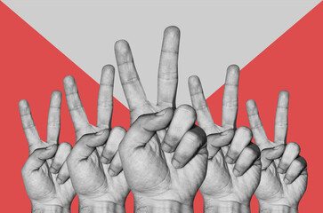 Digital collage with male hand with victory sign