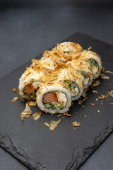 Japanese cuisine. Delicious rolls with salmon