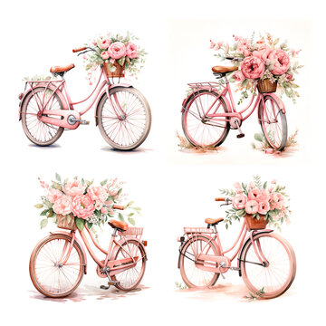 Watercolor illustration wedding floral bicycle pink