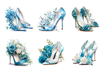 Watercolor illustration wedding bride shoes turquoise