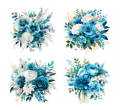 Watercolor illustration wedding bouquet turquoise