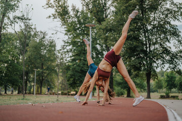 Fit girls demonstrate impressive athleticism, performing cartwheel exercises in a green park. Their...