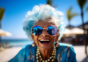 Fröhliche Seniorin genießt ihr Leben - am Strand - obrazy, fototapety, plakaty