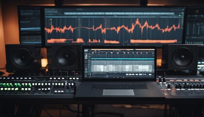 Fototapeta na wymiar Modern Music Record Studio Control Desk with Laptop Screen Showing User Interface of Digital Audio