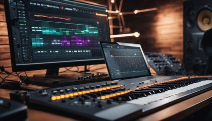 Modern Music Record Studio Control Desk with Laptop Screen Showing User Interface of Digital Audio
