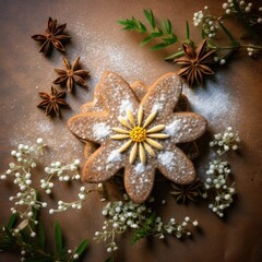 Daisy-shaped gingerbread decorated with Oregano Plant