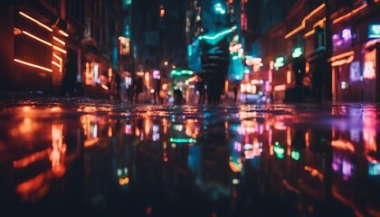 Fototapeta na wymiar Multi-colored neon lights on a dark city street, reflection of neon light in puddles and water