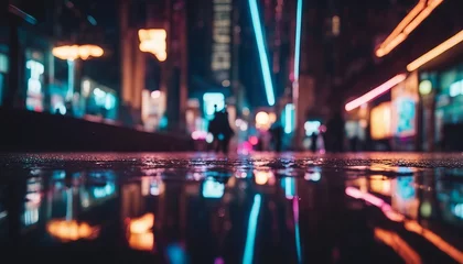Foto op Plexiglas Muziekwinkel Multi-colored neon lights on a dark city street, reflection of neon light in puddles and water