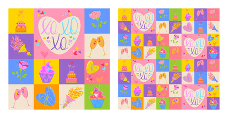 Valentine's Day seamless pattern with symbols of love, heart, flowers, cakes, gifts. 