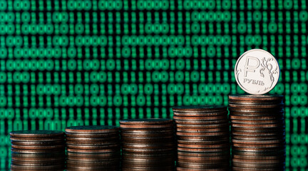 Conceptual story about digital ruble - coin with Russian ruble symbol and binary code