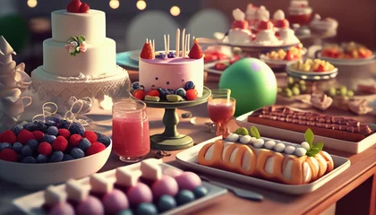 Fotobehang Catered tables adorned with delightful treats for kids and children: creatively presented cakes, pastries, sweets, and fruits. Colorful array of delectable snacks for cheerful and festive atmosphere © Ilia