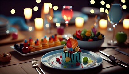 Catered tables adorned with delightful treats for kids and children: creatively presented cakes, pastries, sweets, and fruits. Colorful array of delectable snacks for cheerful and festive atmosphere - obrazy, fototapety, plakaty