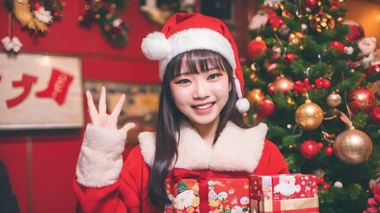 Happy Asian Girl In Christmas Party Background 