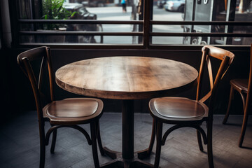 Fototapeta na wymiar Round wooden table and chairs in cafe. Restaurant interior with empty table. Generative AI