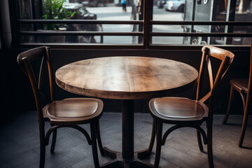Fototapeta premium Round wooden table and chairs in cafe. Restaurant interior with empty table. Generative AI