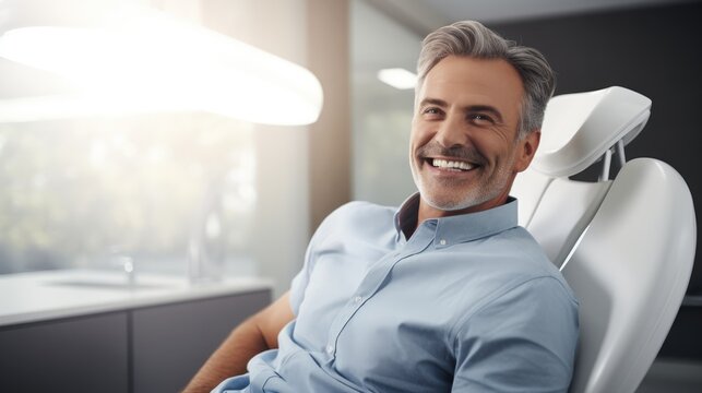 Mature man with a pleasant smile relaxing in a dental chair, portraying confidence and satisfaction with dental services in a modern clinic environment.Ai generated