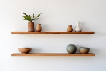 Wood floating shelf with plants and vases on white wall. Interior design of modern living room. Generative AI