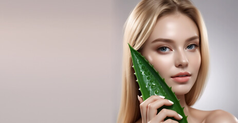 Woman green aloe leaf light background clean skin cosmetology model lifestyle. Generative AI.