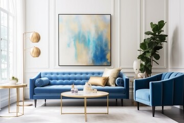 Blue Sofa and Armchairs on Rug by Window in White Room