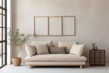 Boho Minimalism Beige Sofa by Grid Window Near Stucco Wall