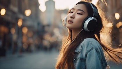 romantic portrait of a beautiful asian girl in headphones with flying hair from the wind