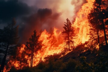 Fototapeta na wymiar Forest Fire Sweeping Through the Majestic Mountains, Nature's Fierce Dance of Destruction and Renewal
