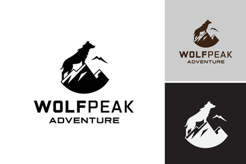 Wolf Peak Adventure Logo is a dynamic logo design featuring a wolf and mountains. It is suitable for outdoor adventure companies, wildlife organizations, and nature-based businesses. - obrazy, fototapety, plakaty