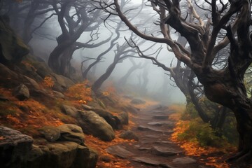 Mysterious, Dark Old Forest Trail Unveiled in Autumn Fog, Inviting Adventure into Nature's Ephemeral Beauty