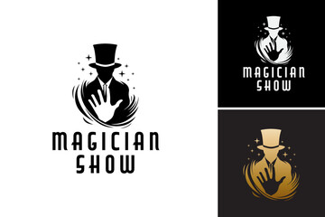 Black and white logo for magician show with a magician's hand is a stylish and versatile design perfect for promoting magic shows, illusionists, or entertainment businesses. - obrazy, fototapety, plakaty