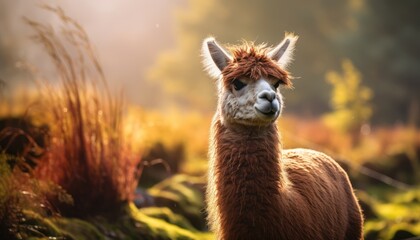 Obraz premium A Majestic Alpaca Gracefully Standing in a Serene Field of Green Grass