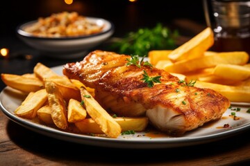 A plate of freshly grilled fish and chips with seasoning and garnish