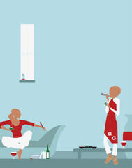 Two modern women enjoying take away food at home with some wine while having conversation. Modern Life style in an urban city vector Illustration.