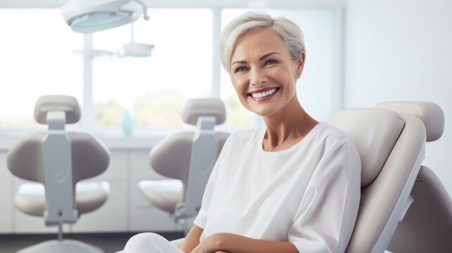 Mature wpùan with a pleasant smile relaxing in a dental chair, portraying confidence and satisfaction with dental services in a modern clinic environment.Ai generated