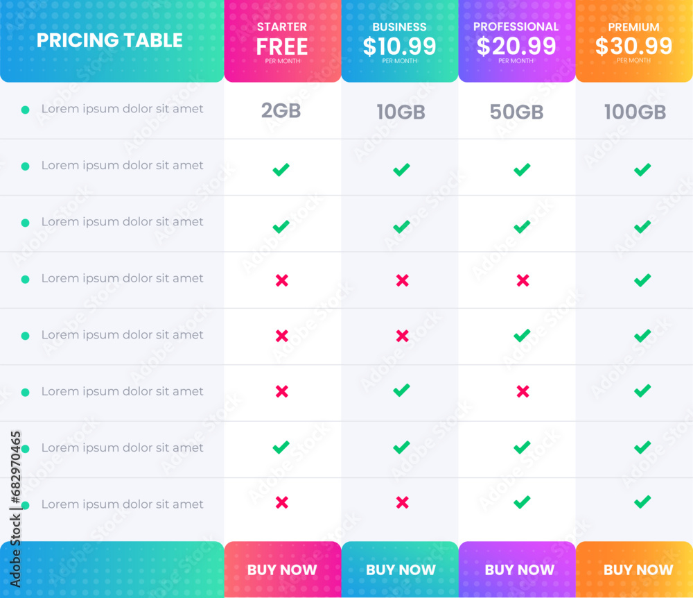 Poster colorful business website price pricing chart table subscription. web banner checklist comparison pr