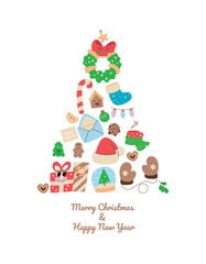 Retro Christmas tree design element for poster, card. Cartoon groovy gifts characters, new year stickers, holiday symbols. Vector set