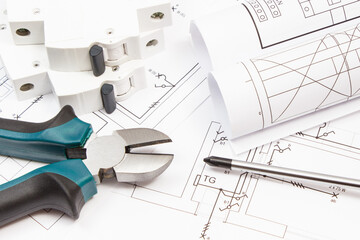 Work tools, electric fuse and diagrams of housing plan with electrical installation. Building home