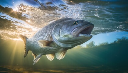 A Curious Barramundi Fish Gazing with Open Mouth in the Serene Aquatic World